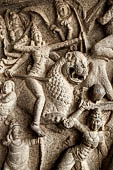 Mamallapuram - Tamil Nadu. the Mahishamardhini cave. The panel of Durga engaging Mahishasura. 